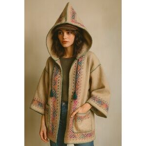 Vintage Wool Handmade Moroccan Berber Kachabia Tassels Embroidered Hooded Jacket